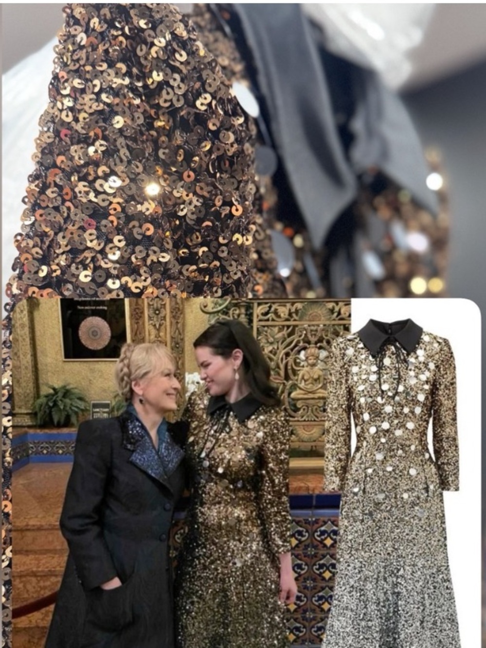 Badgley Mischka Collared Gold Silver Sequined Tulle Midi Dress Size 8
